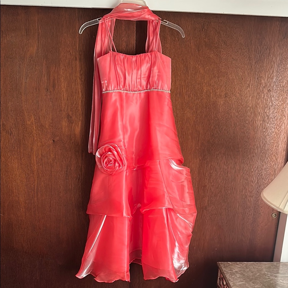 Stunning Coral Dress with Rose Detail